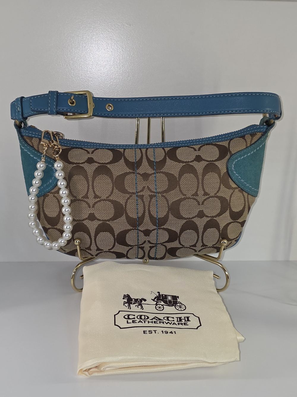 Coach Vintage Brown Signature Jacquard Hobo Bag with SuedeTeal Trim W/ Dustbag